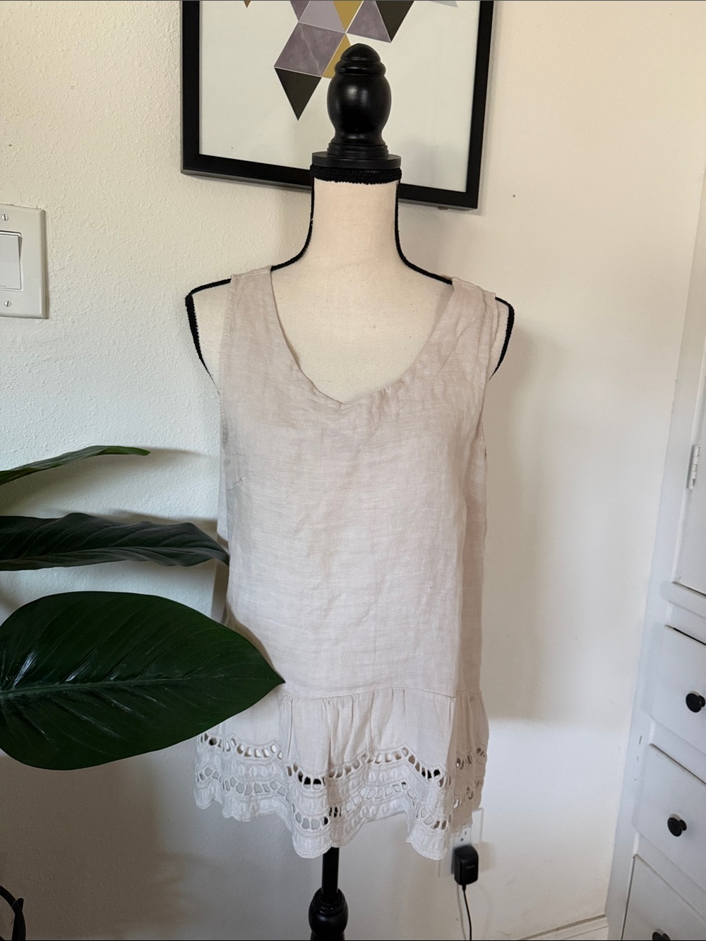 Linen Sleeveless Peplum Top with Eyelet Trim - Light Beige